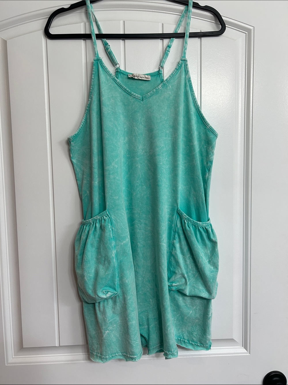 Zenana Aqua Teal Sleeveless Romper with Front Pockets/ Size Small Nirvana patch!